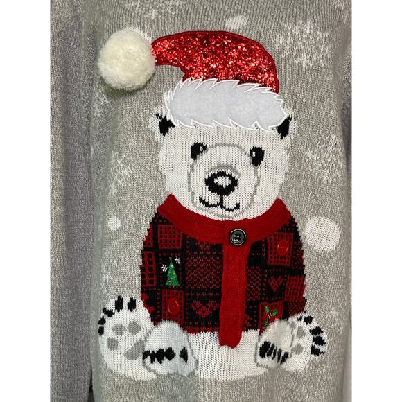 Karen Scott Plus PXL Polar Bear Christmas Sweater Glitter Santa Hat Gray - Picture 2 of 8